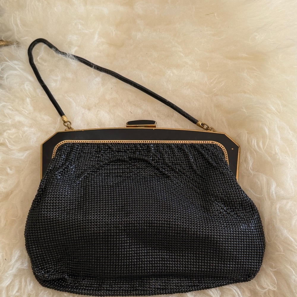 Vintage Black Mesh Evening Clutch with Gold Frame with shoulder strap